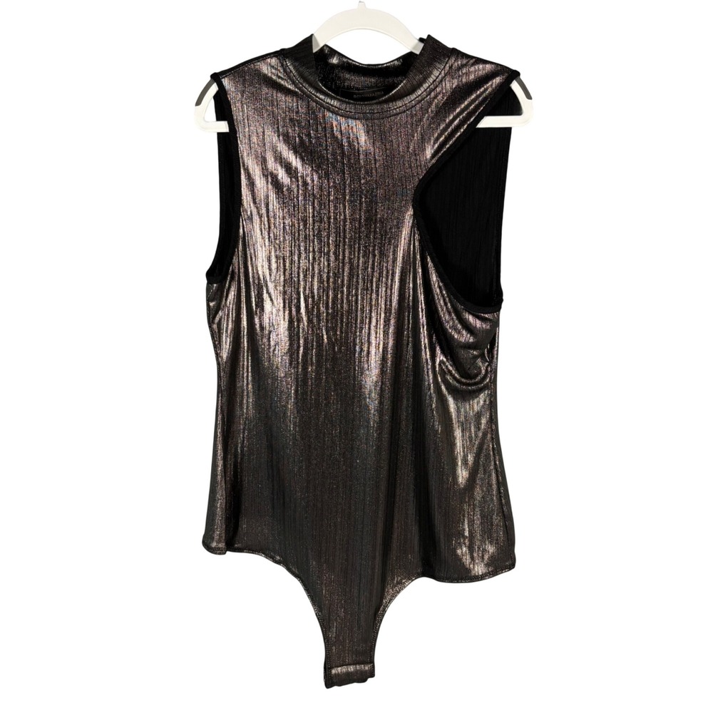 BCBGMAXAZRIA Bodysuit Womens Medium Gunmetal Black Sleeveless Metallic Mock Neck